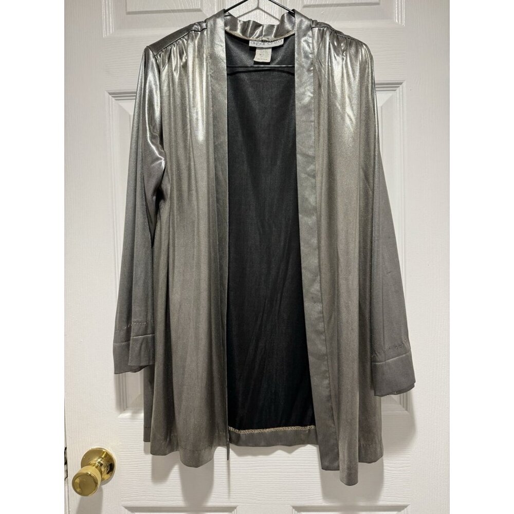 Vntg Apparenza Size M Silver Metallic Shiny Open Duster Cardigan Shoulder Pads